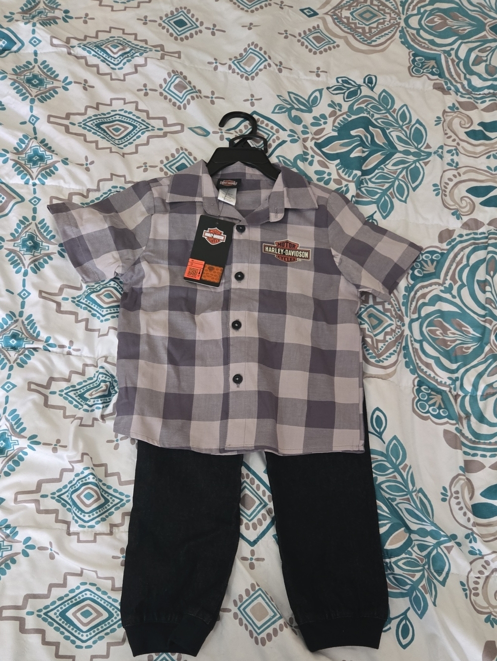Harley-Davidson Kids Black and Gray Plaid Short Sleeve Button-Up